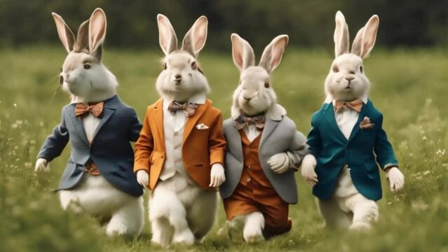 A cluster of trendy rabbits bounding across a field in harmonized outfits, exhibiting the latest trends in bunny fashion