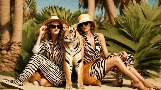 Chic tigers lounging in the shade of palm trees, their striped fur perfectly matched with fashionable tropical outfits and accessories.