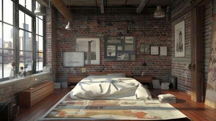 A minimalist loft bedroom with industrial-chic decor, exposed brick walls, and minimalist furnishings, exuding urban sophistication.