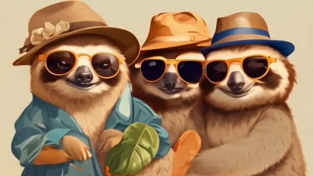 Fashion-forward sloths are effortlessly chic as they relax in their fashionable loungewear, complemented by oversized sunglasses and trendy hats