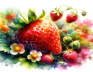 strawberry watercolor painting with soft pastel colors seamless look with organic 
splatters and dewdrops with highlights