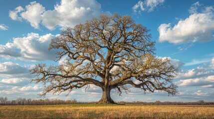 A large oak tree standing in a beautiful grassy field. Suitable for nature and landscape themes
