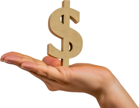 Hand holding a dollar symbol cut out on transparent background