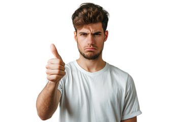 Unhappy man doing thumbs up on isolated transparent background