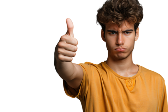 Unhappy man doing thumbs up on isolated transparent background