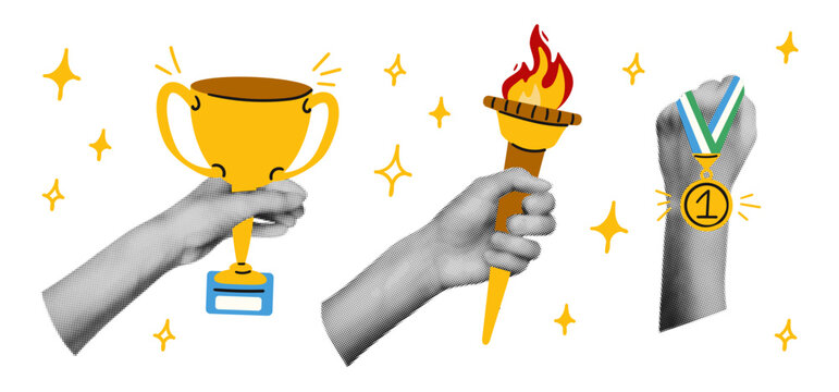 Trendy collage elements set Halftone hands holding trophy cup, torch with burning fire and first place gold medal. Success, victory. Modern retro vector illustration for mixed media design
