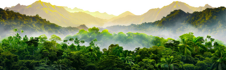 Misty rainforest with lush green vegetation and towering mountains cut out on transparent background