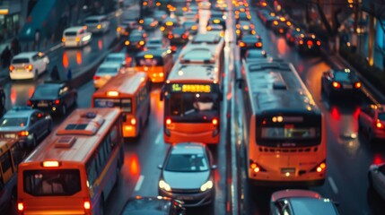 A public transportation bus navigating through heavy traffic, highlighting the role of mass transit in alleviating urban congestion.