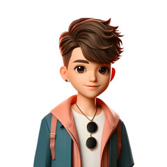 Character cartoon little boy with glasses infront view , 3d render illustration.