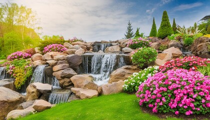 paradise landscape with beautiful gardens waterfalls and flowers magical idyllic background with many flowers in eden