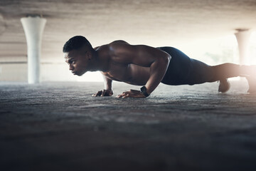 Black man, fitness and cardio with push ups for exercise, muscle training and endurance in Atlanta....