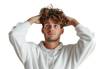 Young doubtful man thinking, scratching head and trying to find solution on isolated transparent background