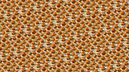  Fast food pattern of cheese burger on blue background. Retro 3d illustration