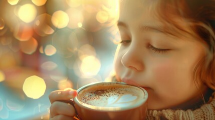 A happy toddler is joyfully smelling a cup of warm coffee, her tiny nose wrinkled in delight at the delicious aroma of the ingredients in the cuisine AIG50