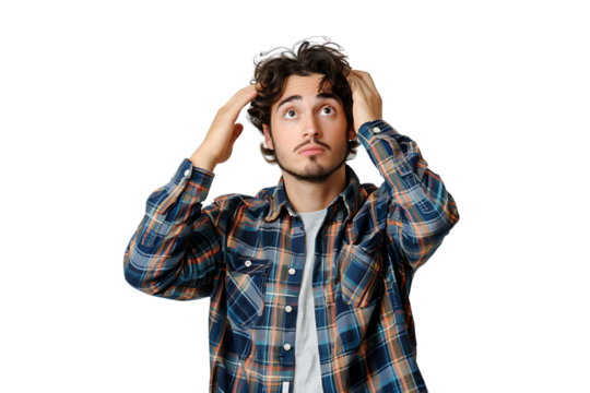 Young doubtful man thinking, scratching head and trying to find solution on isolated transparent background