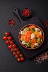 Delicious fresh vegetables broccoli, cauliflower, carrots steamed with salt