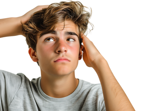 Young doubtful man thinking, scratching head and trying to find solution on isolated transparent background