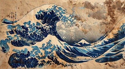 Great wave in ocean as vintage Japanese style illustration wallpaper background. AI generated illustration