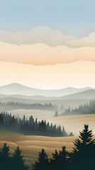 veiled landscape, foggy fields with pine trees. field landscape. vector background