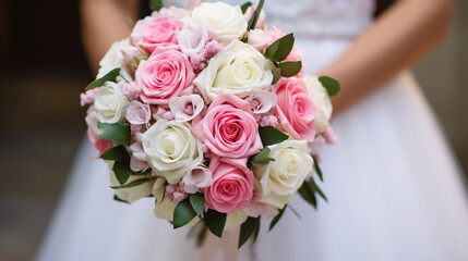 A bride holds her bridal bouquet of pink and white red roses