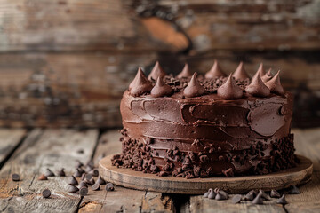 a chocolate cake against a wooden background