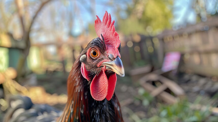 A close-up of a hen's face in the daylight, focusing on the vibrant colors of its comb and wattle against the backdrop of a lively chicken coop - obrazy, fototapety, plakaty