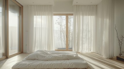 A serene minimalist bedroom with a focus on natural light, featuring large windows, sheer curtains, and minimalist furnishings.