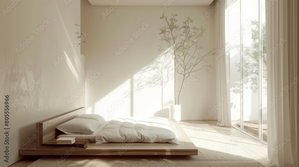 Poster a serene minimalist bedroom with clean lines, neutral tones, and uncluttered space, promoting rest a
