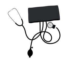 Sphygmomanometer, stethoscope, blood pressure measurement. Medical diagnostics. Medical equipment for diagnose hypertension, heart disease. healthcare, colored flat vector illustration