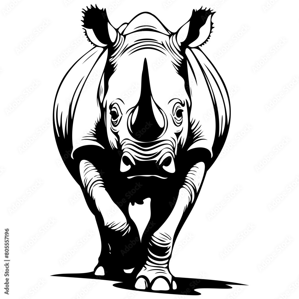 Wall mural Engrave Black Rhinoceros drawing, outline cartoon animal, vector engraving silhouette with transparent background