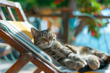 cat on vacation relaxing on lounge chair