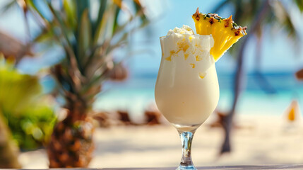 closeup photo of fresh cold alcoholic fruit pina colada cocktail drink glass with cream and pineapple with blurry tropical beach bar in the background