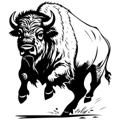 Vector Bison jump drawing, vector realistic outline animal silhouette, transparent background