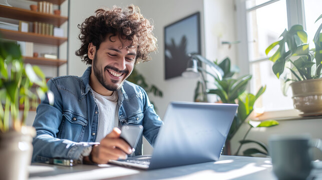 Cheerful Young Man Multitasking with Smartphone and Laptop