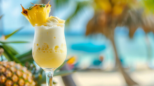 closeup photo of fresh cold alcoholic fruit pina colada cocktail drink glass with cream and pineapple with blurry tropical beach bar in the background