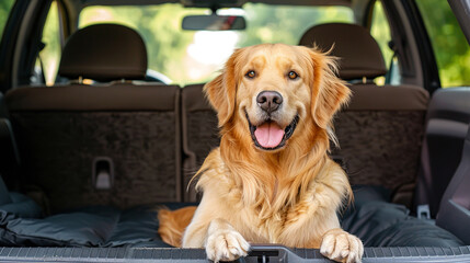 Golden retriever dog sitting in car trunk ready for a vacation trip