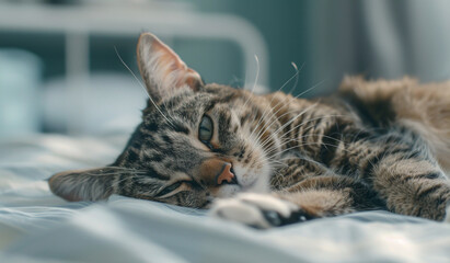 Sick cat lying n clinic . in a cozy warm minimal room background