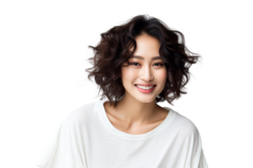 Young woman with short brown hair and a white shirt smiles isolated on transparent background.