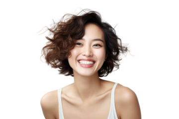 Beautiful young woman with short brown hair and a bright smile. She is wearing a white tank top and has a natural, relaxed expression on her face.