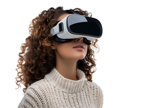 Young girl exploring vast opportunities of virtual reality with VR headset on isolated transparent background