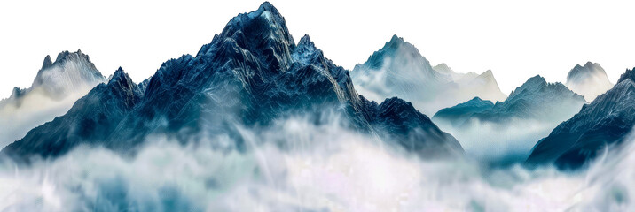 Misty blue mountain peaks under a white sky cut out on transparent background - Powered by Adobe