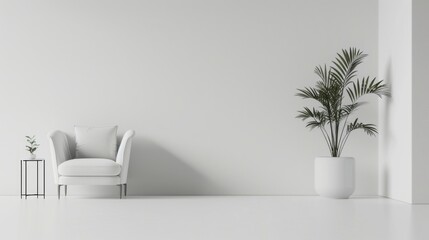 Modern minimalist interior, featuring an elegant armchair and sofa set against a pristine white wall background.3d rendering.