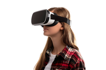 Young girl exploring vast opportunities of virtual reality with VR headset on isolated transparent background