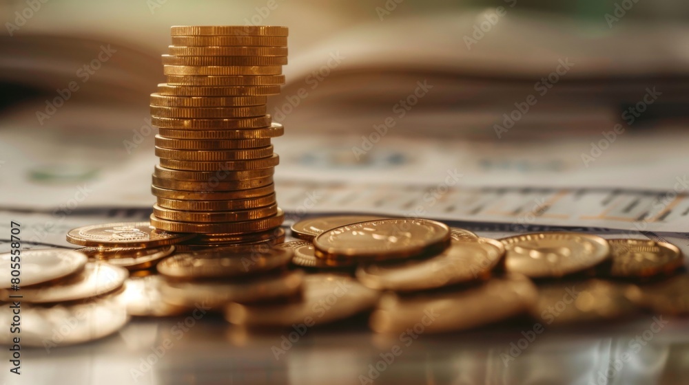 Aufkleber a stack of gold coins and financial documents on a desk, illustrating the integration of precious me
