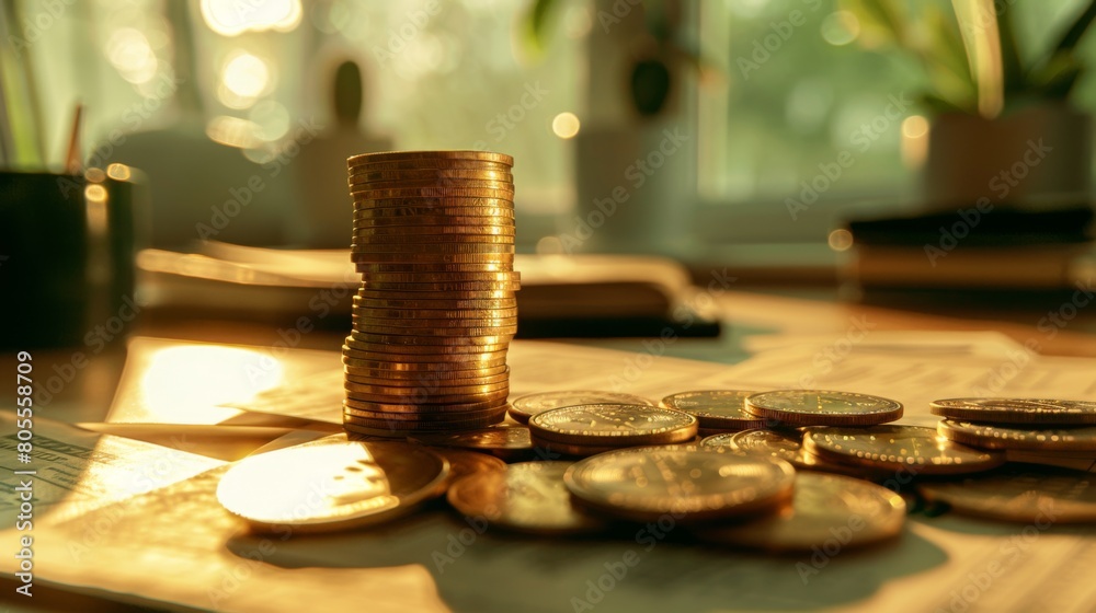 Aufkleber a stack of gold coins and financial documents on a desk, illustrating the integration of precious me