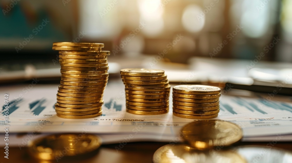 Aufkleber a stack of gold coins and financial documents on a desk, illustrating the integration of precious me