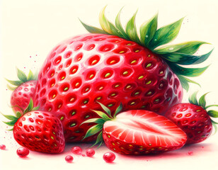 strawberry watercolor painting with soft pastel colors seamless look with organic 
splatters and dewdrops with highlights