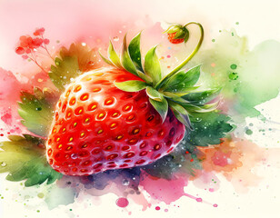 strawberry watercolor painting with soft pastel colors seamless look with organic 
splatters and dewdrops with highlights