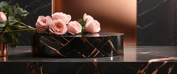 Modern Black Marble Podium, front view focus with Rose Gold Accents and Soft Pink Flowers Background	