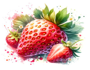 strawberry watercolor painting with soft pastel colors seamless look with organic 
splatters and dewdrops with highlights